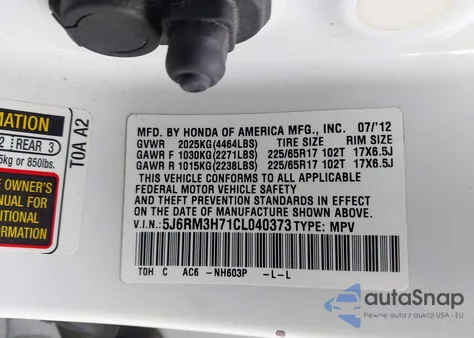 2012 Honda Cr-V Ex-L из США, поврежденный, VIN 5J6RM3H71CL040373